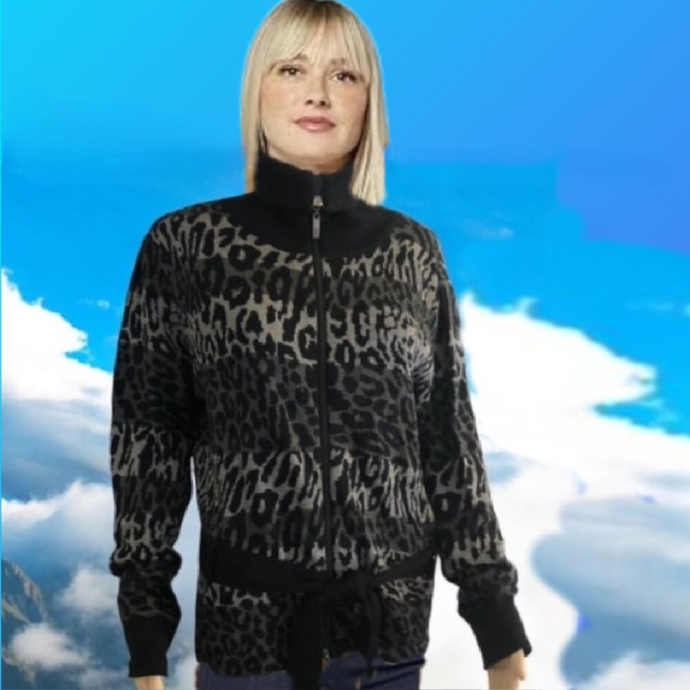 Tonal Leopard Pattern Jacquard Knit Long Sleeve High Neck Cardigan Sz L
